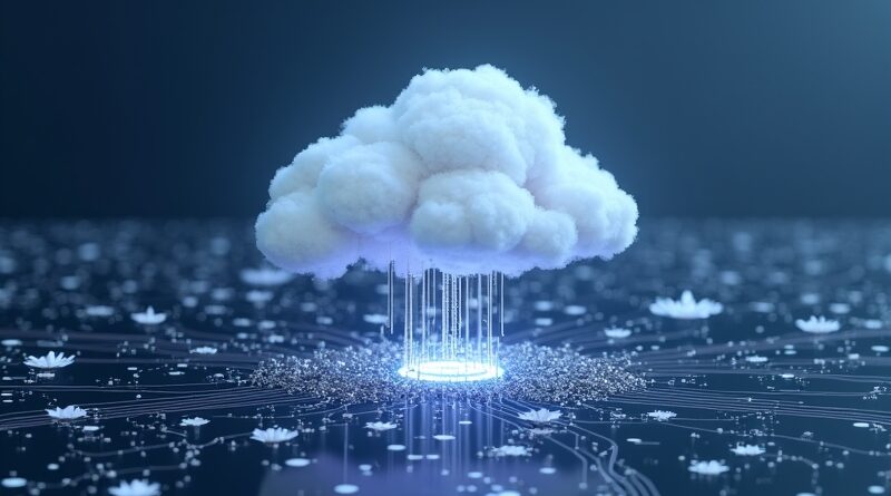 Chmura cyfrowa nad płytą główną, symbolizująca prostotę i dostępność infrastruktury serwerowej Manus Cloud Computer.