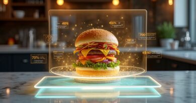 Surrealistyczna wizja cyfrowej gastronomii: holograficzny tablet materializujący luksusowe dania za pomocą sztucznej inteligencji i danych.