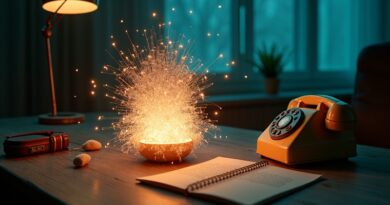 Krystaliczna sieć AI oświetlająca stary telefon i list miłosny, symbolizująca wypieranie relacji przez technologię.