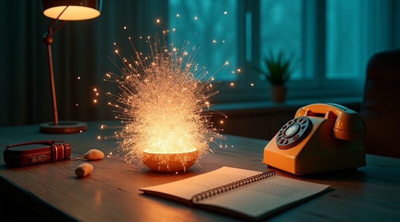 Krystaliczna sieć AI oświetlająca stary telefon i list miłosny, symbolizująca wypieranie relacji przez technologię.