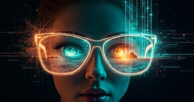 Futurystyczne okulary z okiem zamiast szkła, emitujące światło, symbolizują integrację AI w urządzeniach.
