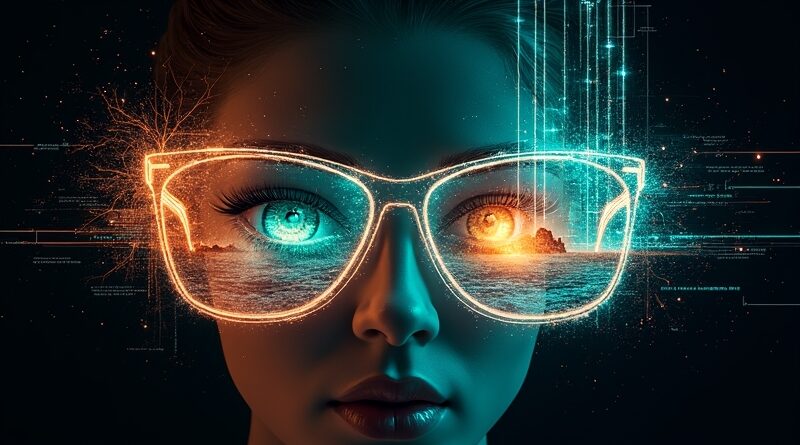 Futurystyczne okulary z okiem zamiast szkła, emitujące światło, symbolizują integrację AI w urządzeniach.