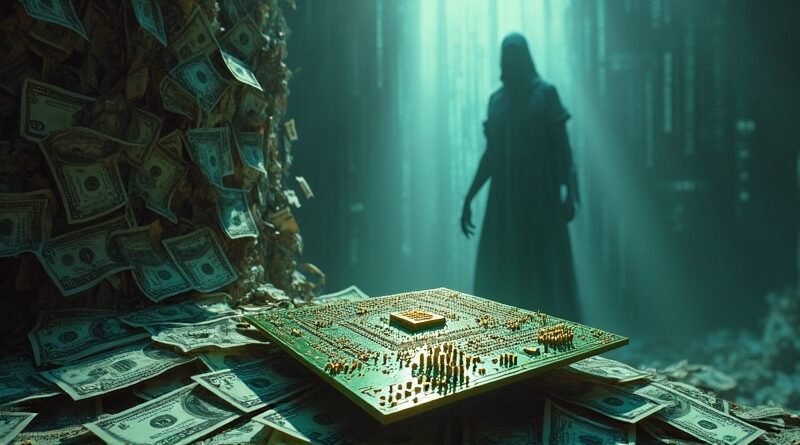 Układ scalony na murze z banknotów, w tle widmo kodu binarnego, metafora problemów finansowych OpenAI.