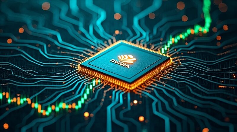 Połączenie krzemowych ścieżek, wykresu giełdowego i chipu Nvidia symbolizujące inwestycje w AI.