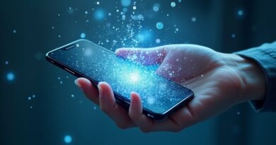 Smartfon rozpływający się w chmurze inteligentnych cząstek, symbolizujący przyszłość AI w urządzeniach mobilnych.