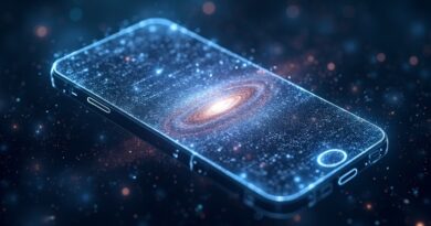 Smartfon z ekranem wyświetlającym galaktykę kodu, unoszący się w sieci neuronowej.