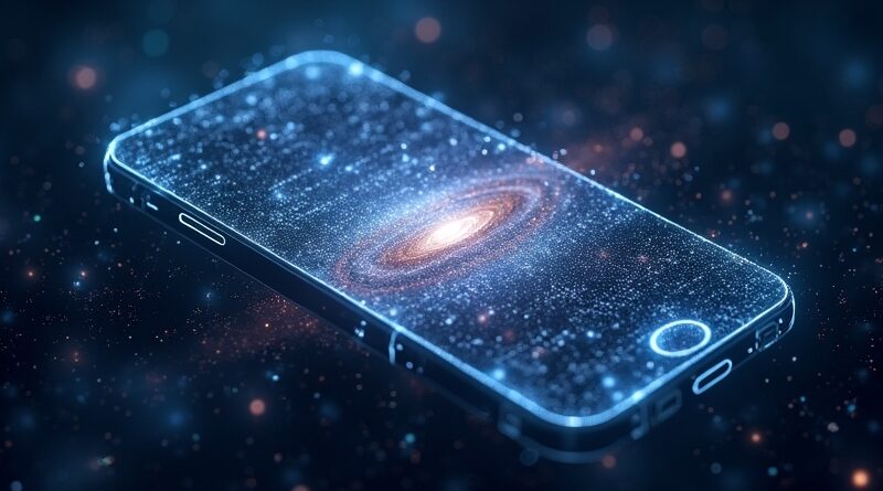 Smartfon z ekranem wyświetlającym galaktykę kodu, unoszący się w sieci neuronowej.