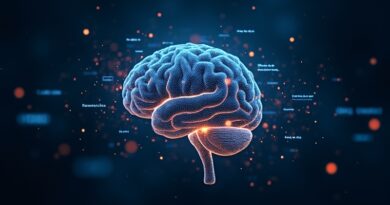 Cyfrowy mózg z sieciami neuronowymi przekształcający się w strumienie tekstu. Koncepcja precyzji i ograniczenia halucynacji AI (OpenAI GPT-5.5 Instant).