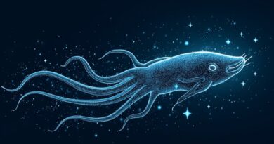 Surrealistyczna grafika: Śpiąca kałamarnica z obwodów, data stream jako sen, w cyfrowym oceanie. OpenSquilla.
