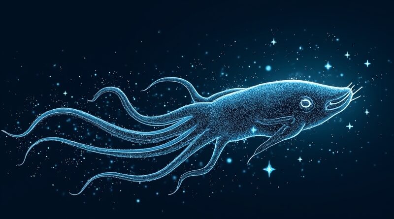 Surrealistyczna grafika: Śpiąca kałamarnica z obwodów, data stream jako sen, w cyfrowym oceanie. OpenSquilla.