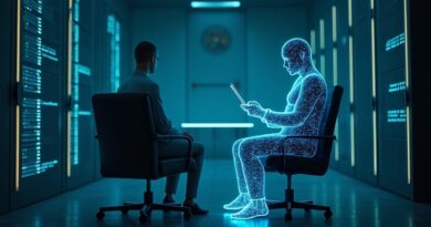 Cyfrowa sylwetka psychiatry z danych siedząca przy pustym fotelu pacjenta w serwerowni z sędziowskim młotkiem.