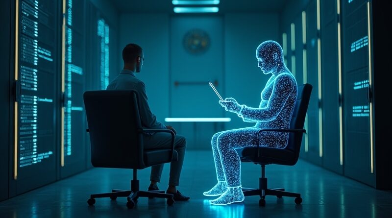Cyfrowa sylwetka psychiatry z danych siedząca przy pustym fotelu pacjenta w serwerowni z sędziowskim młotkiem.