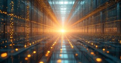 Krystaliczna struktura danych z metalicznymi sześcianami i ognistym punktem energii symbolizującym miliardową inwestycję SAP.
