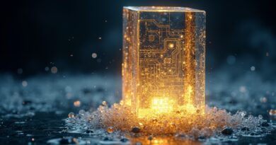 Krystaliczny monolit z obwodami HBM i złotymi neuronami na tle danych giełdowych, symbolizujący potęgę technologiczną.
