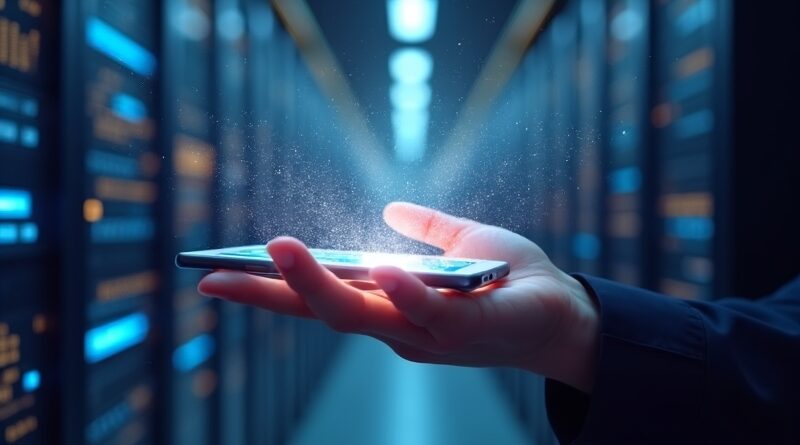 Smartfon w dłoni, emitujący połączenia AI do serwerowni-katedry. Mobilne centrum dowodzenia OpenAI Codex.