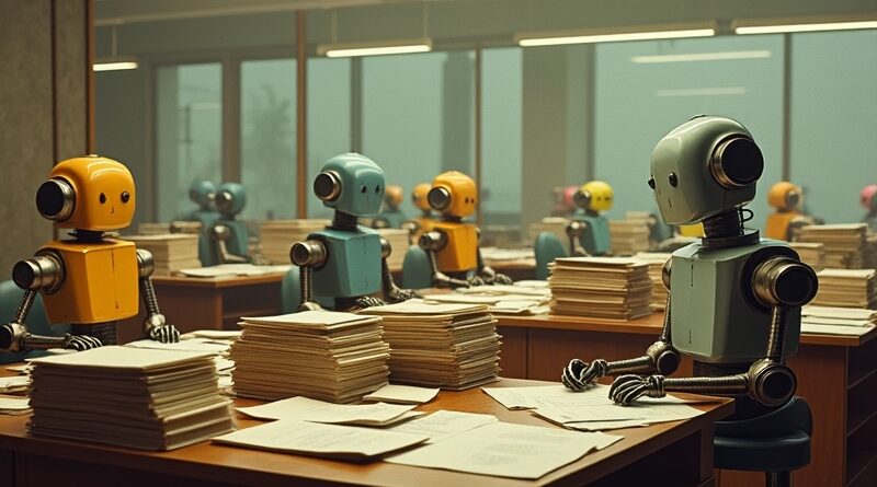 Retro biuro z robotami ciężko pracującymi przy biurkach, analogowa kolorystyka, zorganizowany chaos.