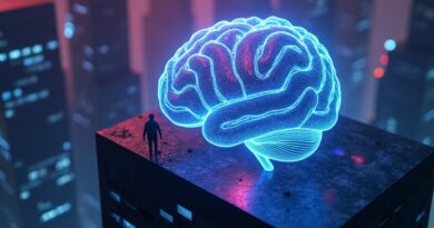 Neonowy labirynt-mózg w wieżowcu. Figurka Karpathy'ego przechodzi przez niego. Cyberpunk, AI, Anthropic.