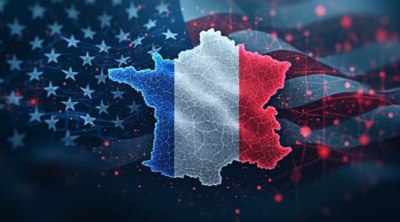 Francuska flaga spleciona z siecią neuronową; w tle cień flagi USA.
