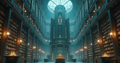 Cyfrowa bibliotekarka ucisza AI, domaga się rzetelności. Art nouveau, chłodne barwy z złotem.