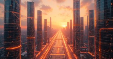 Abstrakcyjna futurystyczna metropolia ZEA, złota godzina, autonomiczny system operacyjny kraju, sztuczna inteligencja.