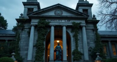 Kamienny portal Berkeley Law, oplot roślin, posępny posąg, burzowe niebo. Zakaz AI.