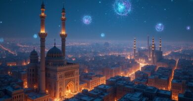 Futurystyczny Bliski Wschód nocą: architektura, data, AI, postkwantowa ochrona.