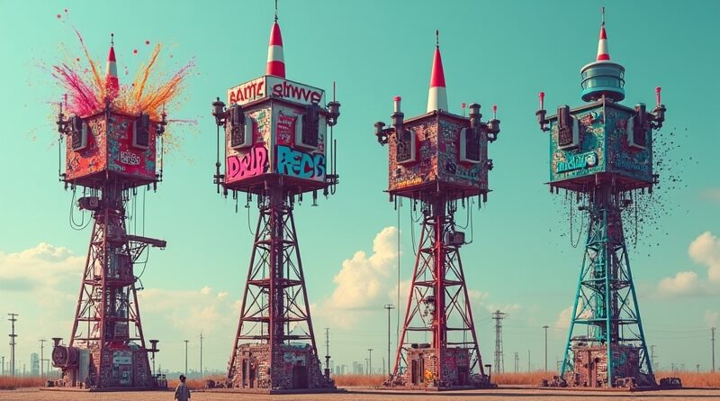 Surrealistyczne wieże radiowe AI, bunt, korporacja, chaos, minimalizm, jaskrawe kolory, glitch.