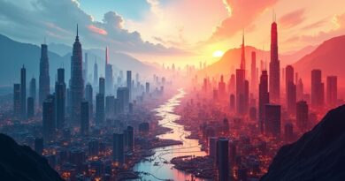 Pęknięty krajobraz Doliny Krzemowej nakładający się na futurystyczne, chińskie miasto, symbolizujący rywalizację technologiczną.