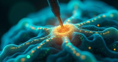 Neuron w mózgu poddawany precyzyjnej operacji; futurystyczna wizja usuwania blokad AI.