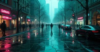 Dystopijne miasto odbite w potłuczonym lustrze, glitchujące AI, neon i moralny rozkład.