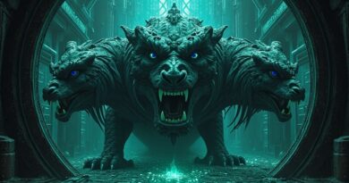 Hydra z głowami korporacji tech strzeże skarbca kodu. Mroczne, renesansowe, cyberpunkowe.