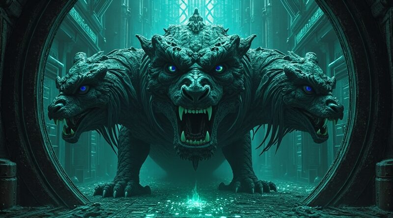 Hydra z głowami korporacji tech strzeże skarbca kodu. Mroczne, renesansowe, cyberpunkowe.