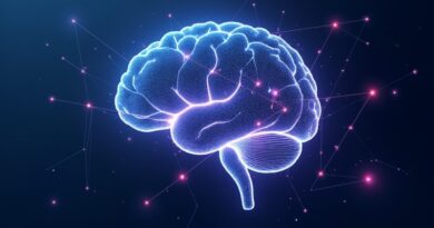 Abstrakcyjna sieć neuronowa formująca mózg, kod binarny, futurystyczne barwy, Cognition i automatyzacja programowania.