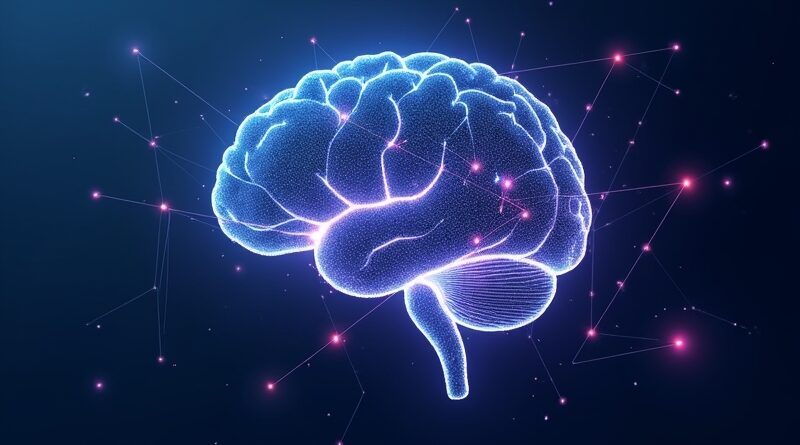 Abstrakcyjna sieć neuronowa formująca mózg, kod binarny, futurystyczne barwy, Cognition i automatyzacja programowania.