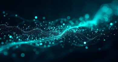 Abstrakcyjne, neonowe strumienie kodu i kursory symbolizują szybkość i efektywność nowego modelu programistycznego.