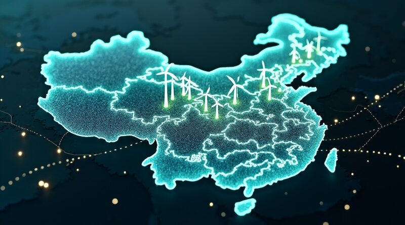 Futurystyczna mapa Chin oświetlona punktami zielonej energii i strumieniami danych.