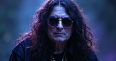 Hiperrealistyczny awatar AI Ozzy'ego Osbourne'a, eteryczny blask na tle Birmingham.