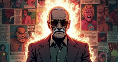 Cyfrowa sylwetka Stana Lee wyłania się z komiksu Marvela, eteryczne światło i kolory.