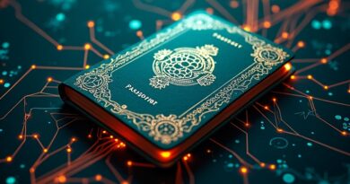 Abstrakcyjny cyfrowy paszport AI spleciony z siecią neuronową, tealowo-pomarańczowe obwody.
