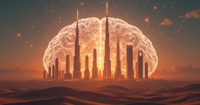 Futurystyczny pejzaż Dubaju i Abu Zabi w AI-mózgu, złota godzina, nadzieja.