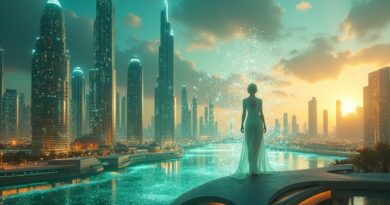 Futurystyczny Dubaj o świcie; agent AI zarządza energią i wodą.