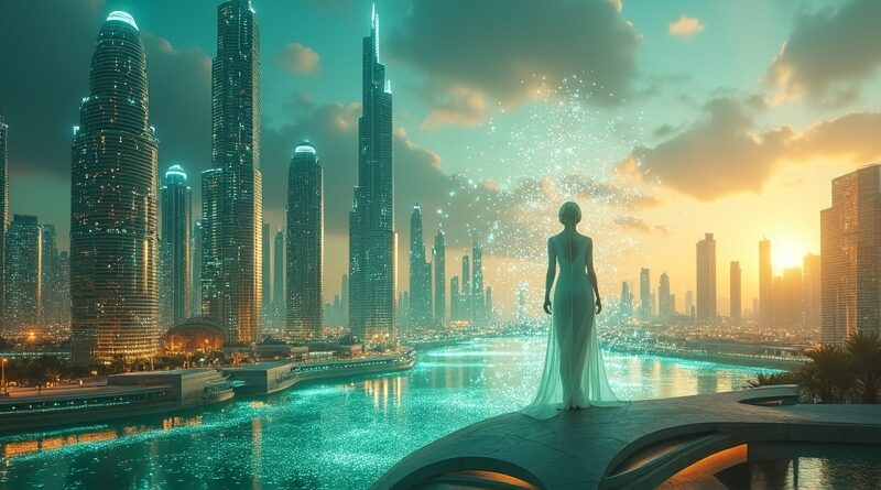 Futurystyczny Dubaj o świcie; agent AI zarządza energią i wodą.