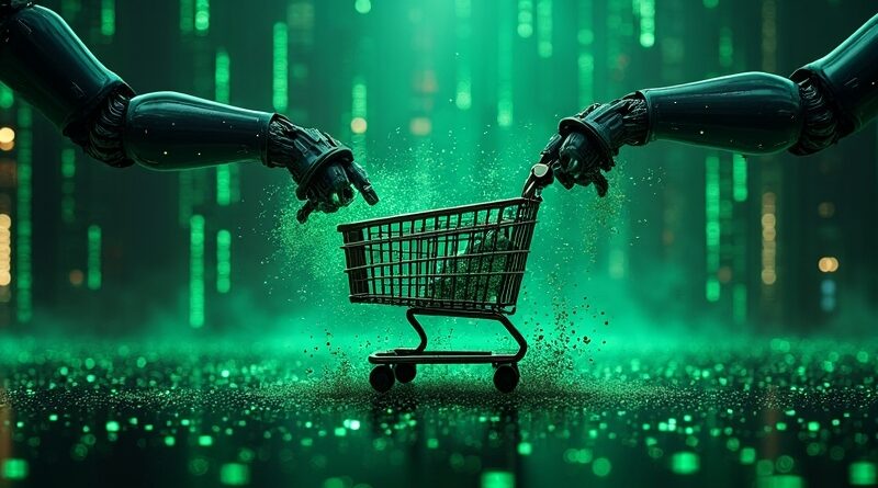 Abstrakcyjna wizja e-commerce atakowanego przez AI: rozpadający się koszyk w binarnym kodzie.