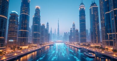 Futurystyczny Dubaj, algorytmy, hologramy aktów prawnych, symbol AI w ZEA.
