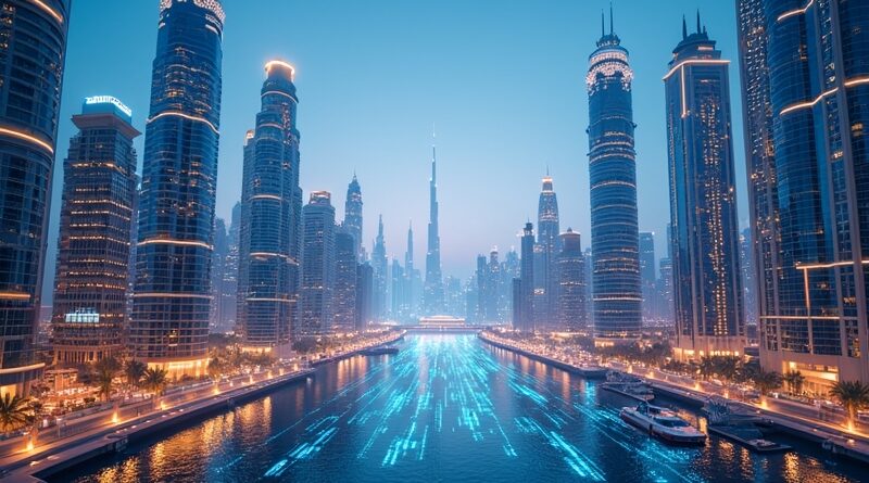 Futurystyczny Dubaj, algorytmy, hologramy aktów prawnych, symbol AI w ZEA.