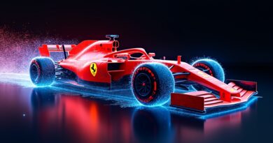 Abstrakcyjny bolid Ferrari F1 w strumieniu danych, IBM Watson, dynamika, innowacja.
