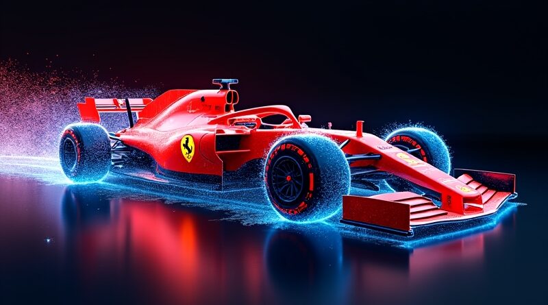 Abstrakcyjny bolid Ferrari F1 w strumieniu danych, IBM Watson, dynamika, innowacja.