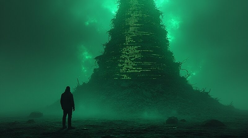 Cyfrowa Wieża Babel z kodu, upadająca pod ciężarem. Programista na tle katastrofy.