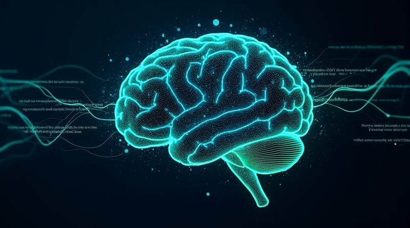 Abstrakcyjny mózg cyfrowy i kod strony internetowej. Futuryzm, technologia, AI.