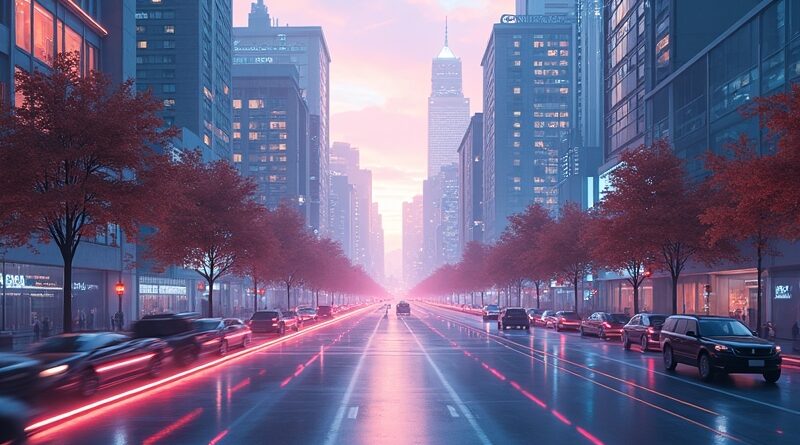 Futurystyczne miasto splatające się z cyfrowym interfejsem Street View, poligon dla AI.
